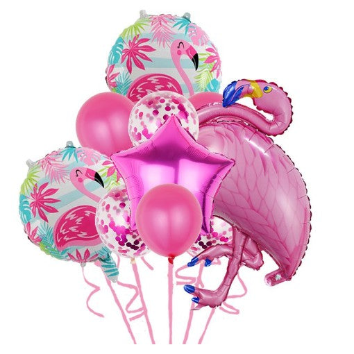 Set Baloane party aniversare, ANGELBEAR, din Folie de aluminiu si Latex, set din 10 baloane Flamigo Party, 1 stea, 5 baloane latex, 2 rotunde, 60 -90 cm, Roz
